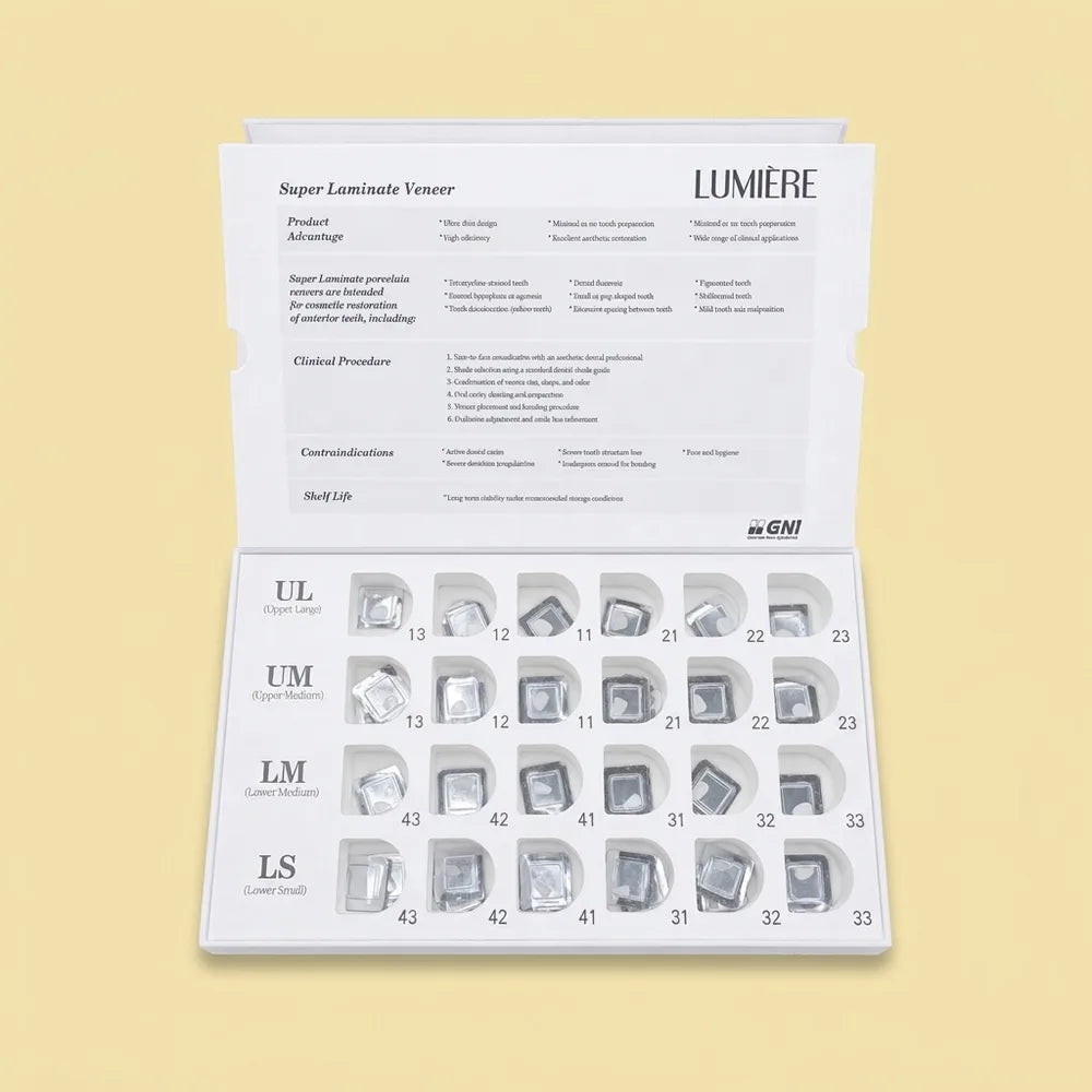 LUMIERE super laminate veneer kit tray with preformed shells arranged in UL, UM, LM, and LS rows