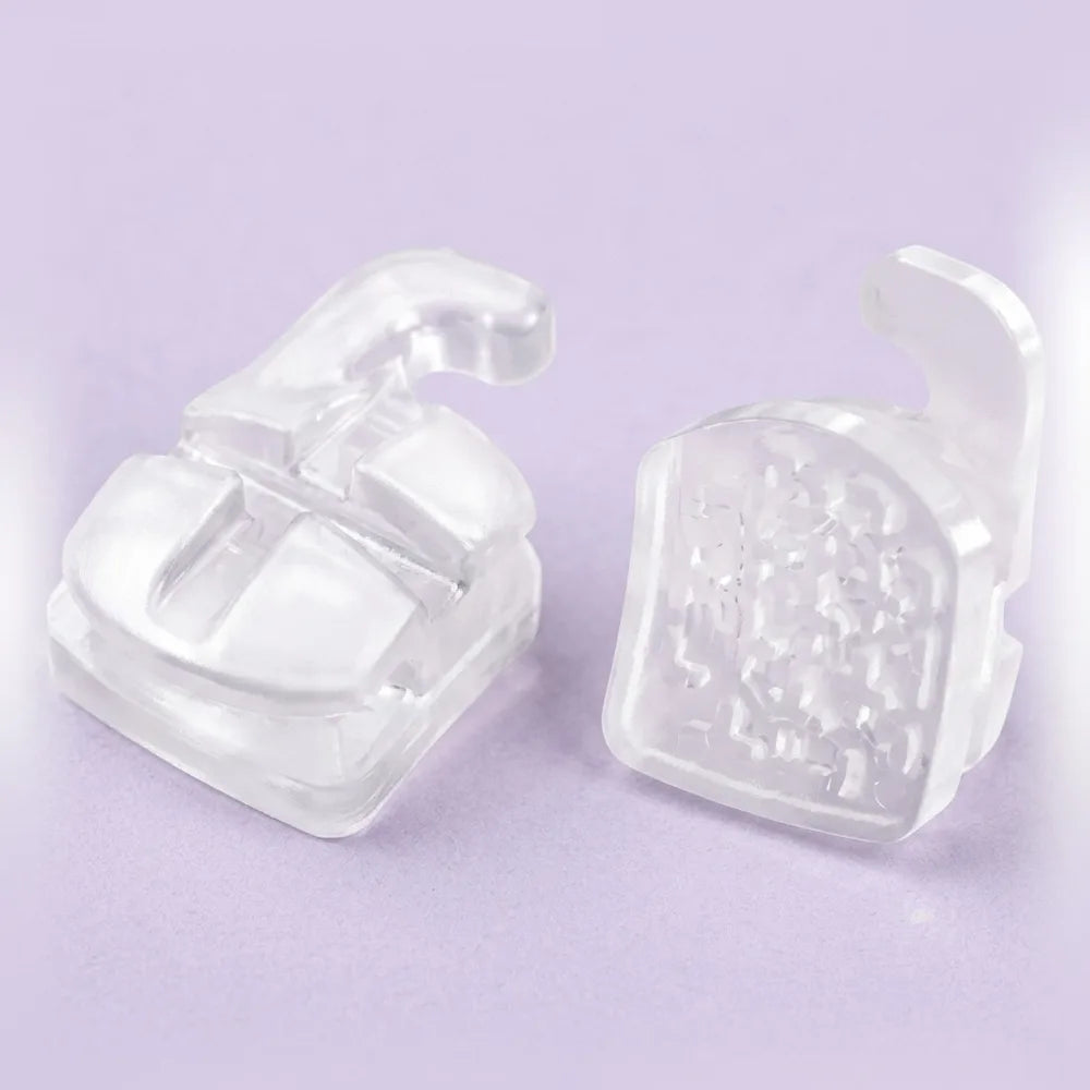 Rose 1 ceramic orthodontic bracket, facial and mesh-base views