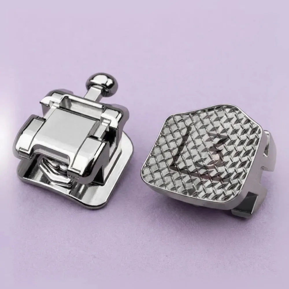 Zeus-P 3 bracket shown alongside its laser-marked mesh bonding base